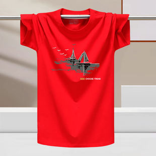 莫代尔棉冰丝短袖T恤男士红色圆领宽松上衣夏季大码弹力半袖男装