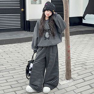 女童春秋卫衣套装2026春季新款中大童女孩休闲条纹阔腿裤时尚春装