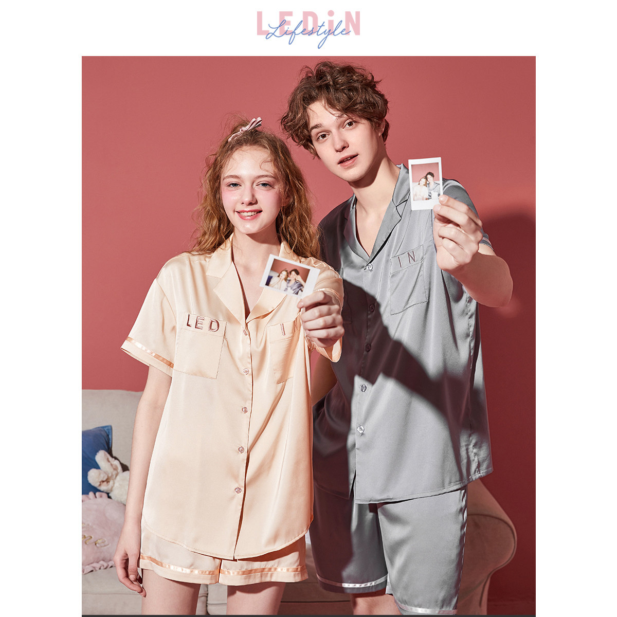 乐町情侣睡衣女夏气质刺绣家居服套装男士短袖新款休闲宽松可外穿