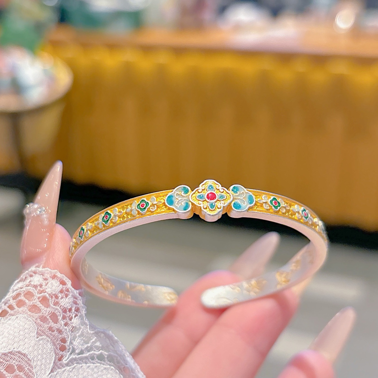 足银999.9描金珐琅彩四叶草手镯