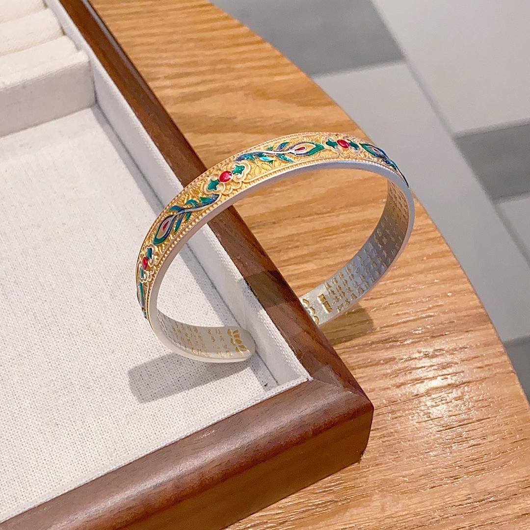 足银999.9描金金鸾羽纯银手镯