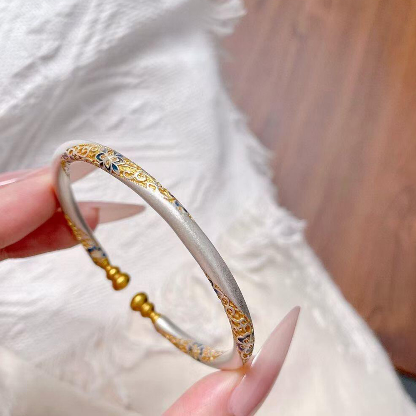 足银9999描金景泰蓝葫芦开口手镯