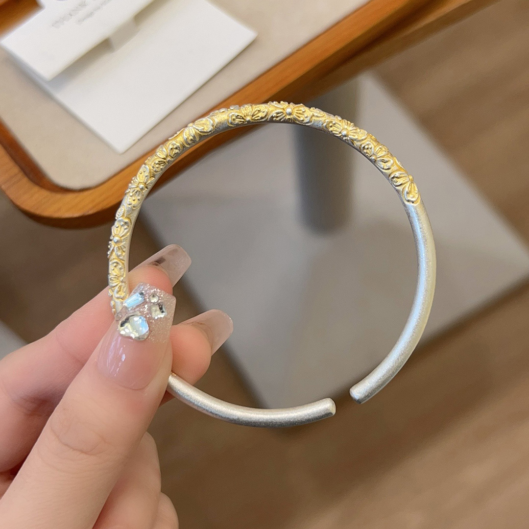 足银9999描金古法实心开口银手镯女新中式国风樱花浮雕手环送礼物