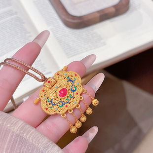 古法足银999天子门生双龙载福吊坠描金国风古典长命锁编绳项链