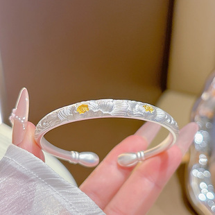 足银999.9牡丹花水滴手镯女实心纯银古法雕花镯子小众女友礼物