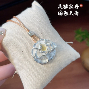 足银999牡丹花吊坠古法描金银饰手工编织百搭绳链女士毛衣链饰品
