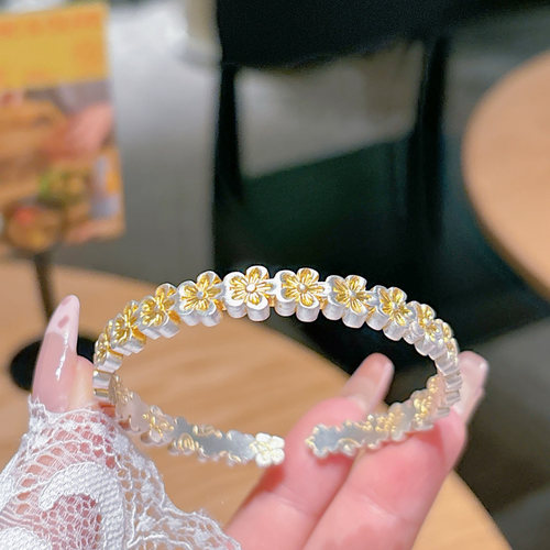 足银999.9描金桃花朵朵纯银手镯