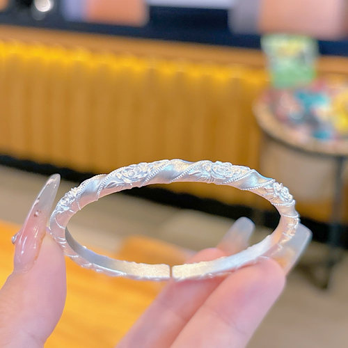 足银999.9浮雕玫瑰花缠绕手镯