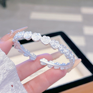 足银999.9描金珐琅彩心动玫瑰花手镯女开口可调节新中式 银镯子