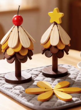 装饰品圣诞树隔热垫餐桌高级感摆件创意实木防烫锅垫杯垫碗垫礼物