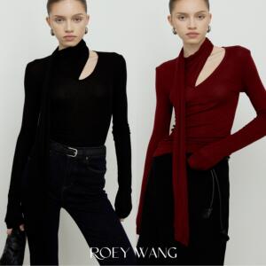 ROEYWANG 露肩飘带不对称针织衫高级感气质修身显瘦打底上衣