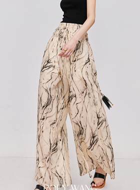 ROEYWANG ding级原生态苎麻_线条感印花松紧腰高腰垂感凉爽阔腿裤