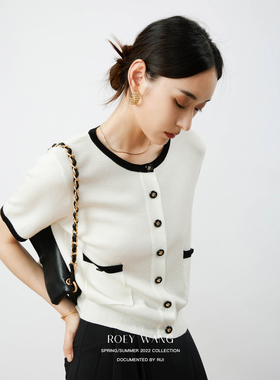 ROEYWANG 90S中古小香风天丝羊毛四叶草Jennie开衫短袖针织T恤