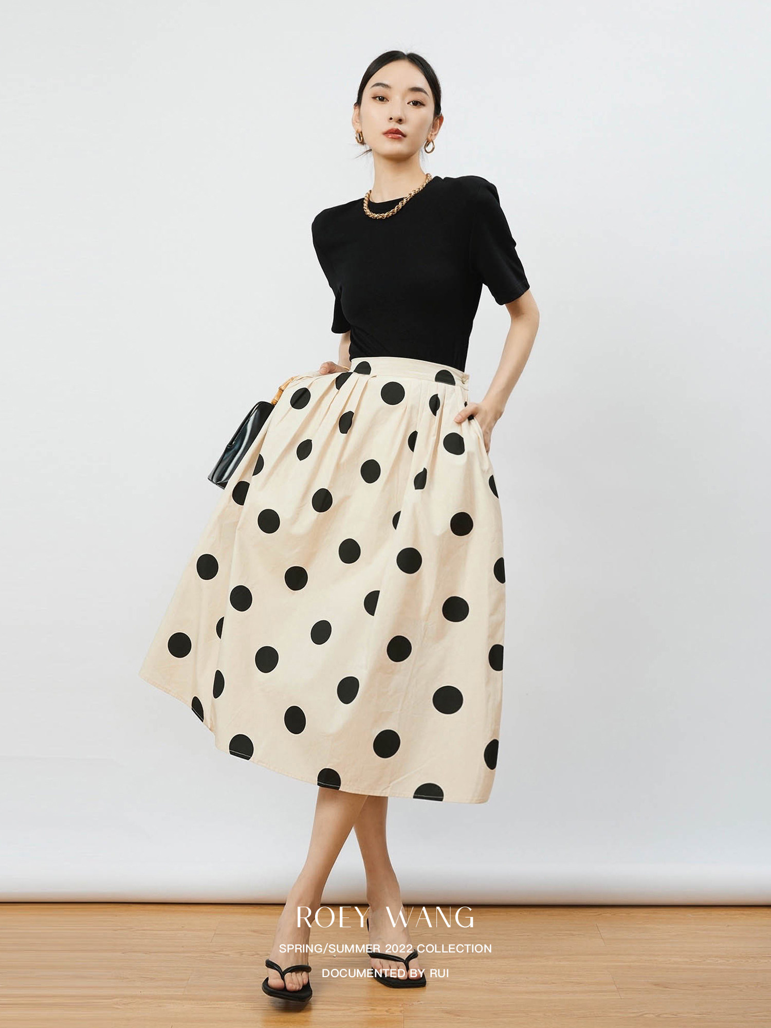 ROEYWANG时髦摩登复古大波点半身裙法式赫本风蓬蓬裙中长款百褶裙
