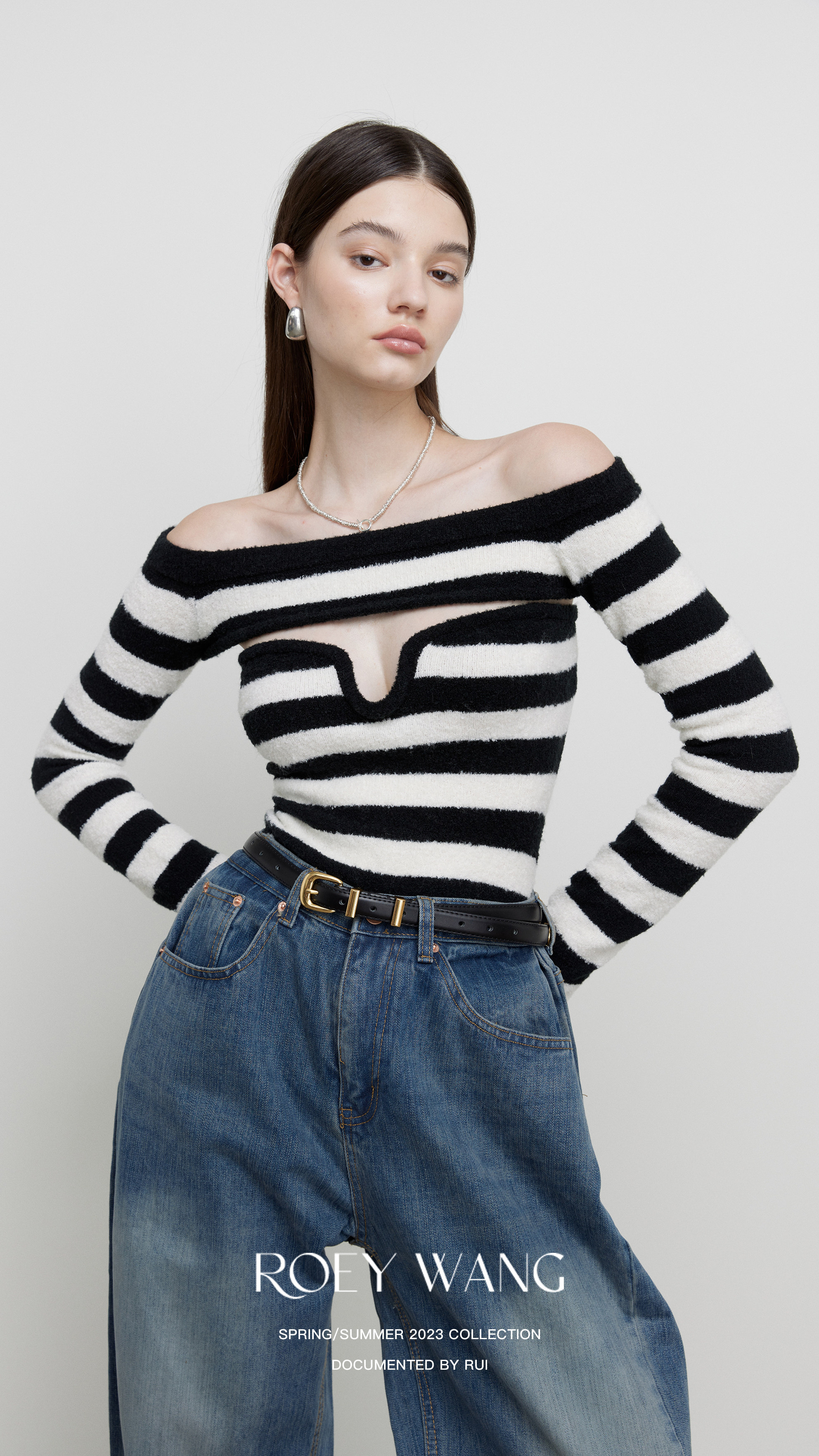 ROEYWANG 撞色条纹针织衫高级感露肩羊毛两件套修身弹力长袖毛衣