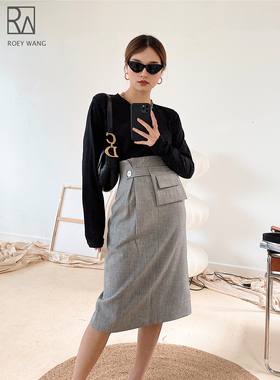 ROEY WANG 进口十字纹羊毛棉混纺定制贝壳扣不对称口袋H型半身裙