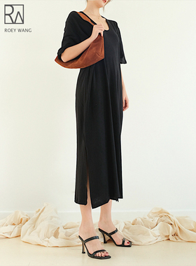ROEY WANG 纯棉圆领舒适开叉宽松中长款连衣裙【新品限时95折】