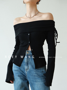 ROEYWANG一字肩抽绳露肩性感长袖羊毛针织衫女黑色通勤修身套头