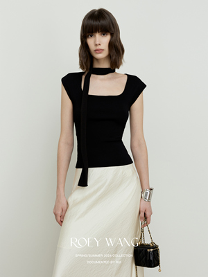 无袖复古气质修身方领挂脖针织衫