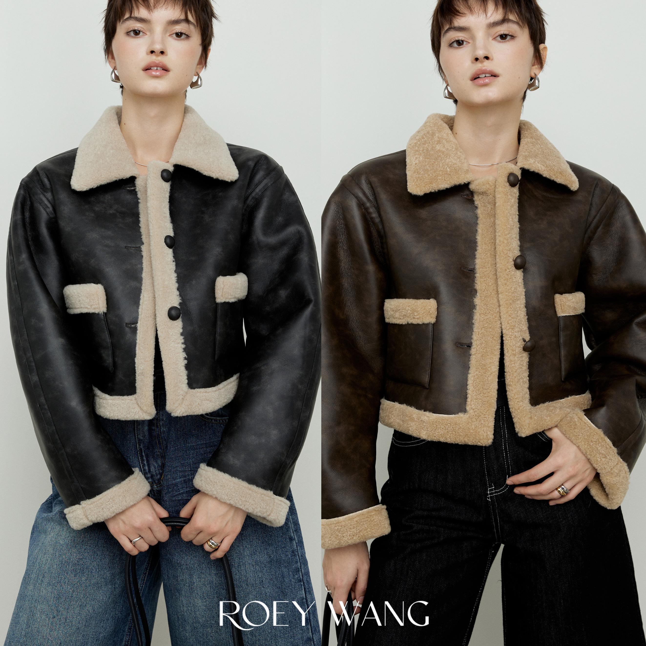 ROEYWANG皮毛一体立领机车皮草外套女美式复古羊羔毛翻领夹克上衣