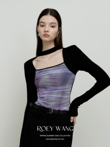 ROEYWANG高级气质设计感小众修身内搭方领印花方领针织衫打底上衣