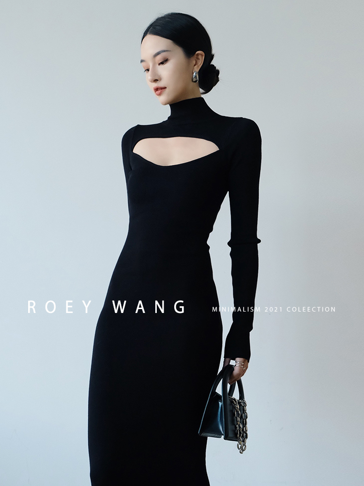 ROEYWANG 性感镂空显瘦修身弹力气质高级感中长款长袖针织连衣裙