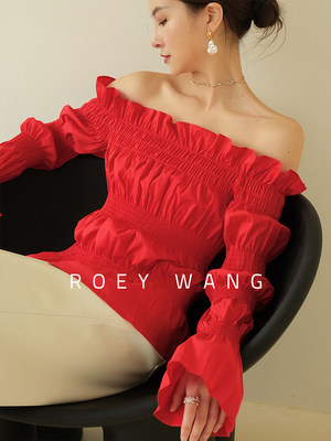 ROEYWANG2024春夏时髦泡泡袖露肩褶皱一字肩小众设计感衬衫上衣女