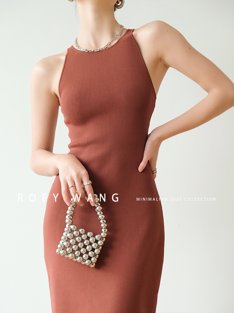 无袖显针织连衣裙jin口纱线弹力