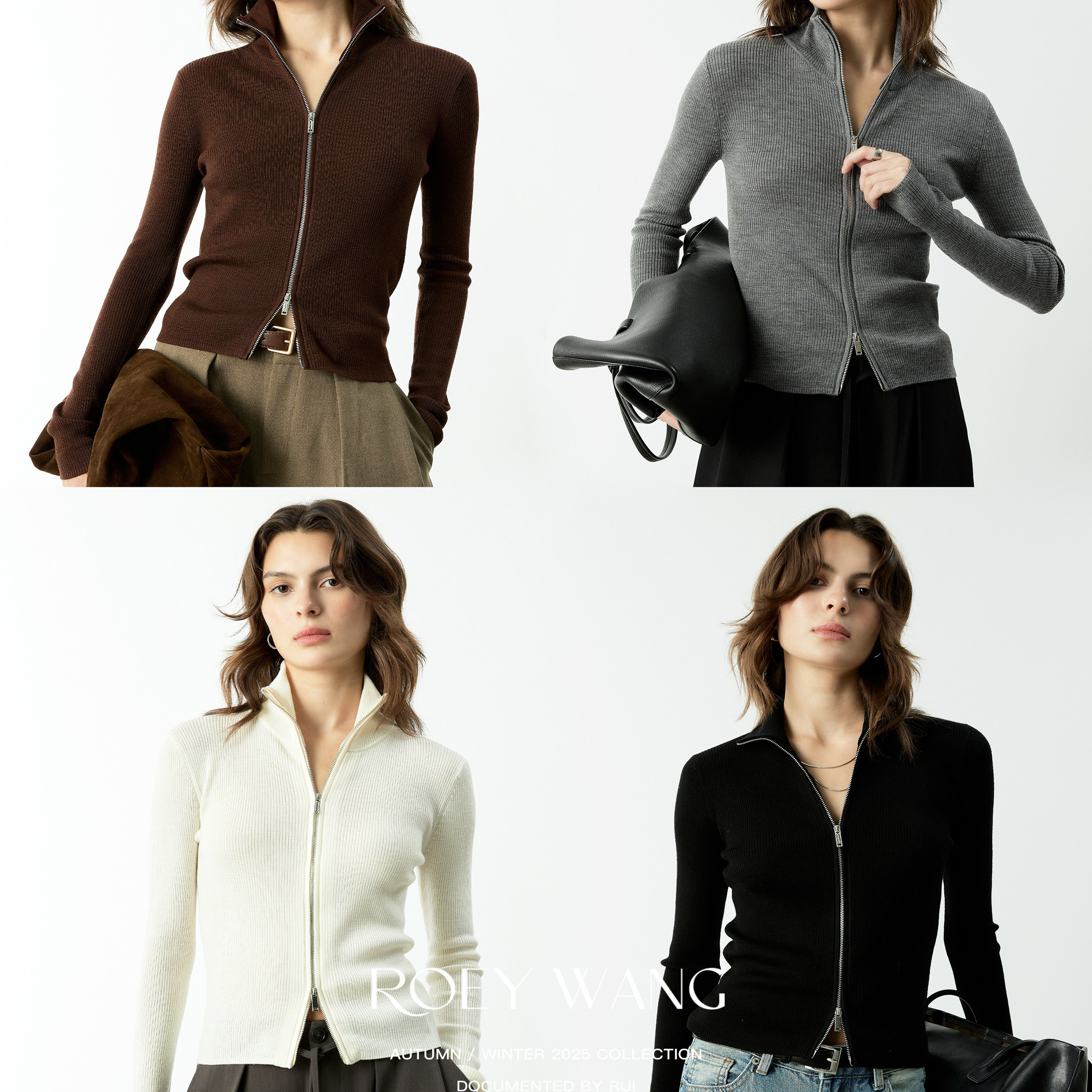 ROEYWANG 羊毛针织开衫女修身显瘦上衣立领时尚复古百搭毛衣外套