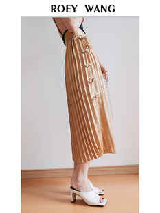 ROEY WANG 手工钉珠缎面哑光高腰中长款小众气质垂感百褶半身裙