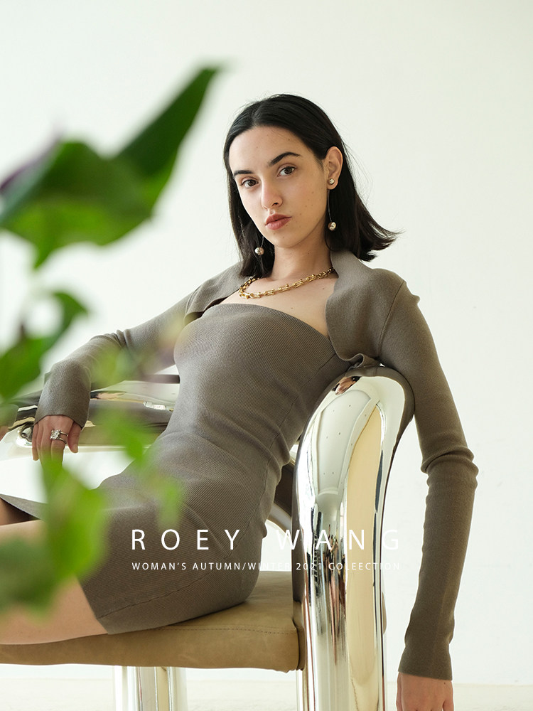 ROEYWANG紧身短裙显瘦弹力抹胸外套两件套针织连衣裙春秋新款