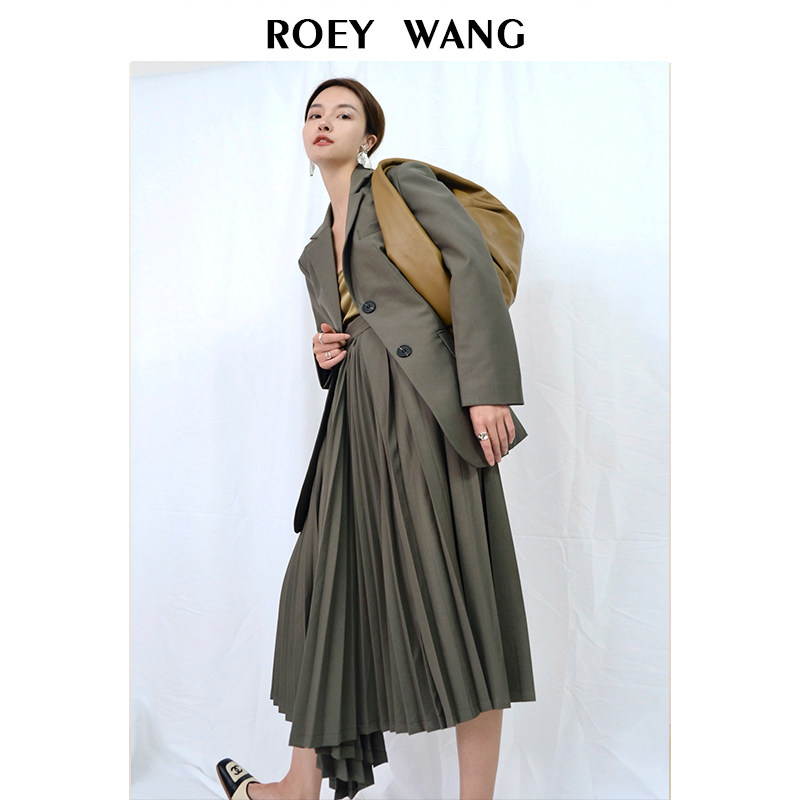 ROEYWANG复古西装外套两件套装女百搭休闲西服百褶长裙半身裙套装