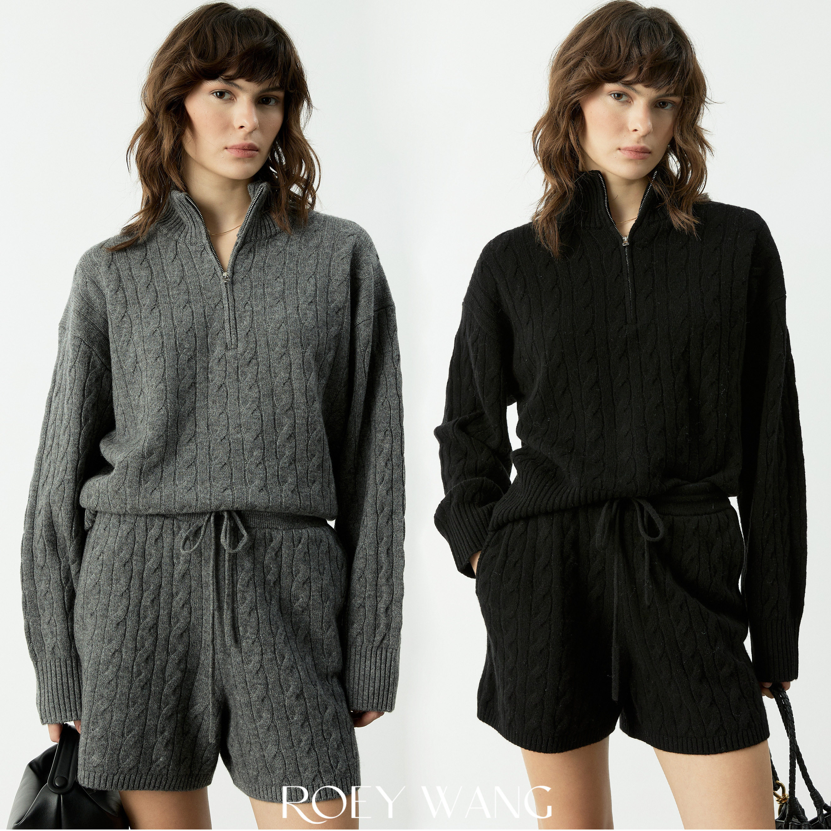 ROEYWANG麻花针织套装女高克重半拉链套头毛衣高腰针织短裤两件套