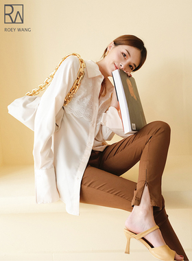 ROEY WANG 定制小众设计蕾丝拼接宽松长袖缎面衬衫春秋新款