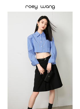 ROEY WANG 高级短款春夏露腰宽松条纹衬衫上衣女