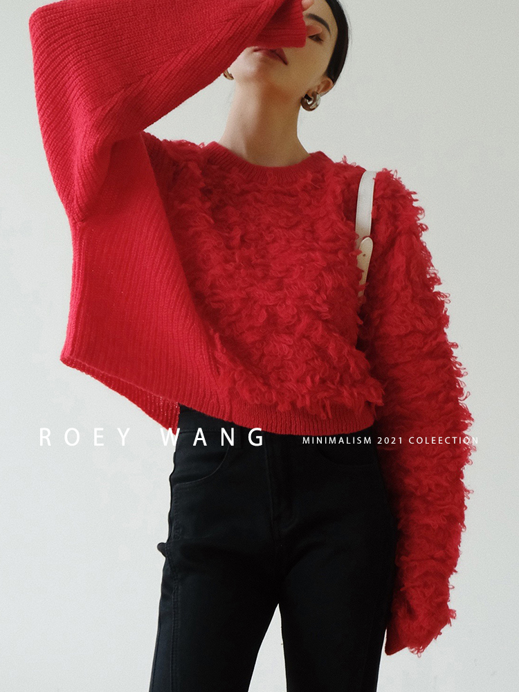 ROEYWANG 新年重磅小众设计不对称高级红色套头羊毛圆领长袖毛衣
