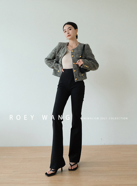 ROEYWANG高腰弹力修身超模裤经典显瘦裤王高腰微喇提臀黑色裤子女