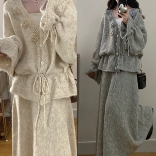 设计感针织开衫 系带法式 半身裙两件套 秋冬山茶花花苞袖 实拍大码
