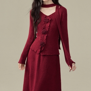 秋冬红色系圣诞穿搭一整套高级感针织上衣半身裙子两件套套装 女