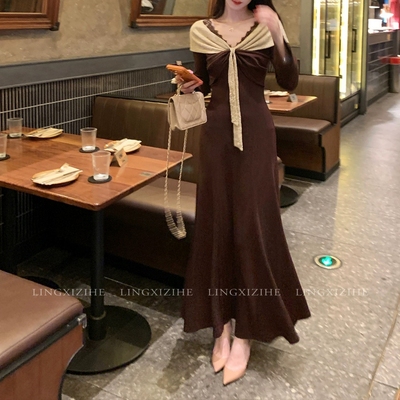 ~一字肩圣诞法式撞色针织连衣裙女冬装蕾丝a字长裙