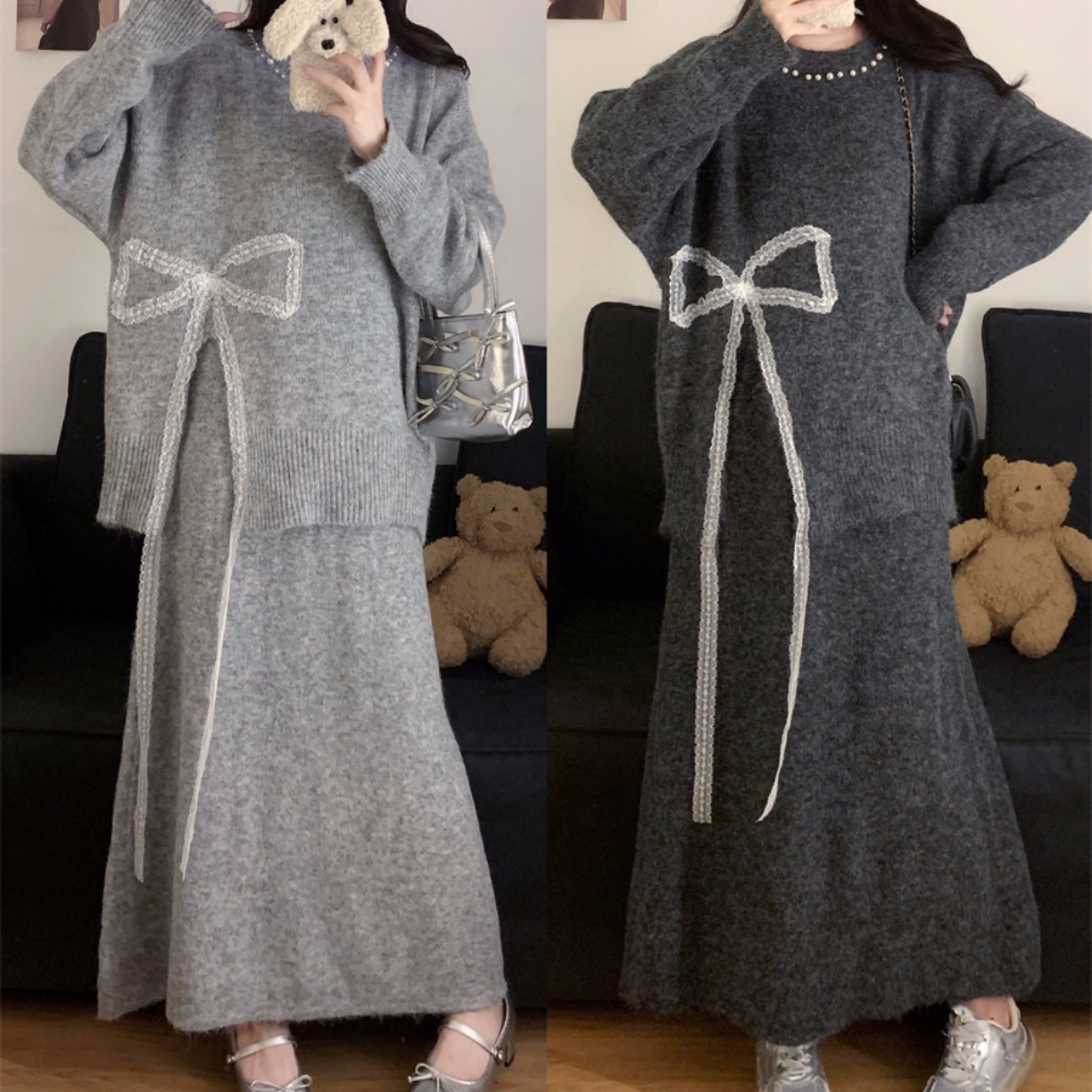 秋冬新款大码女装蝴蝶结设计毛衣上衣+显瘦针织半身裙两件套