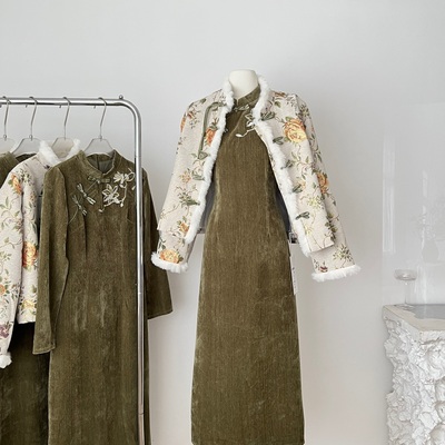 新中式国风EIA一尧万物生复古长袖旗袍女秋冬气质刺绣连衣裙