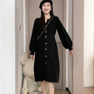 针织连衣裙2025秋季 韩国大码 长袖 胖mmV领灯笼袖 显瘦打底长裙 女装