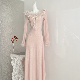 SISIJIANG 千金气质蕾丝花边驼鸟毛针织显瘦连衣裙 雪绒莓莓