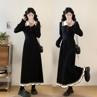 实拍大码 撞色假两件娃娃领连衣裙秋冬气质甜美减龄显瘦毛衣裙 女装