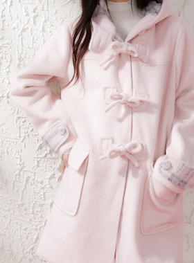 ECHOSTA 粉色蝴蝶结拼接深秋初冬大衣少女毛呢浪漫百搭外套