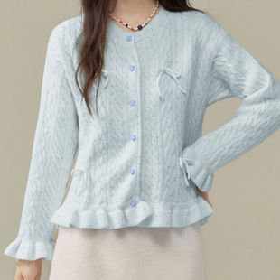 学院风软糯毛衣外套日系少女感毛衣荷叶针织衫 上衣蝴蝶结外套