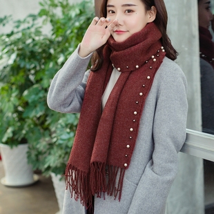 冬天学生保暖百搭珍珠长巾 2019韩国秋冬季 女士围巾披肩两用