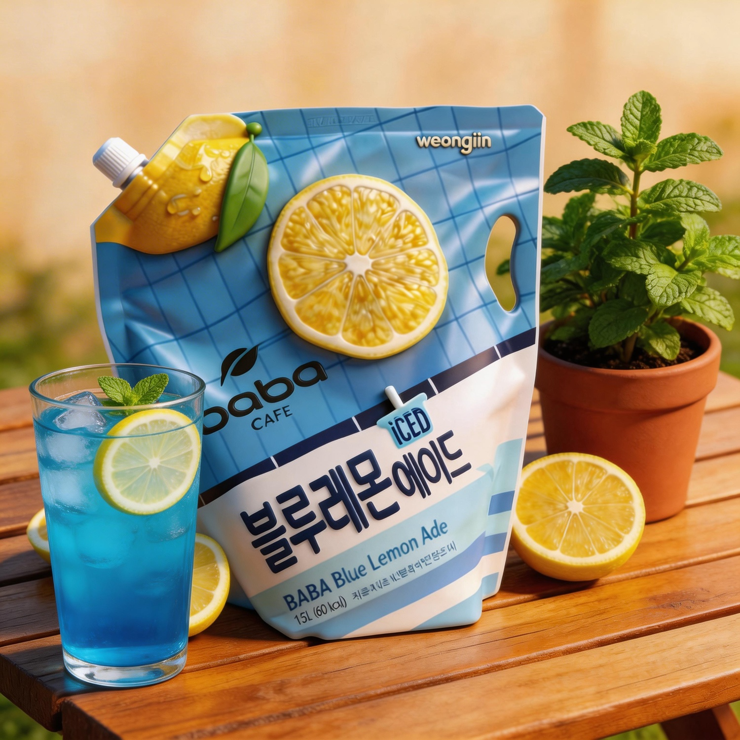 韩国进口BABA蓝色柠檬味 黑咖啡饮品 桃子红茶饮料1.5L大容量袋装