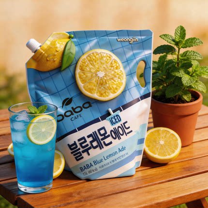 韩国进口BABA蓝色柠檬味 黑咖啡饮品 桃子红茶饮料1.5L大容量袋装